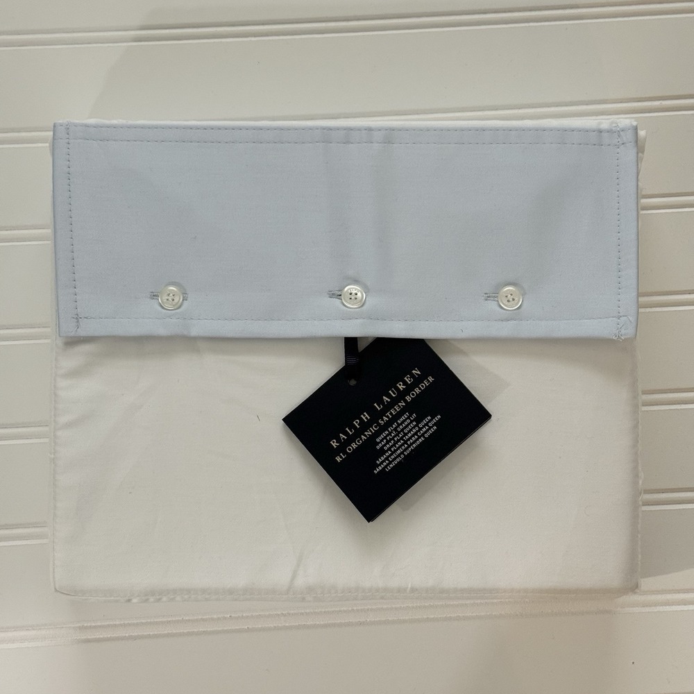 Ralph Lauren RL 624 TC Organic Sateen Border Queen Flat Sheet Blue NWT $185